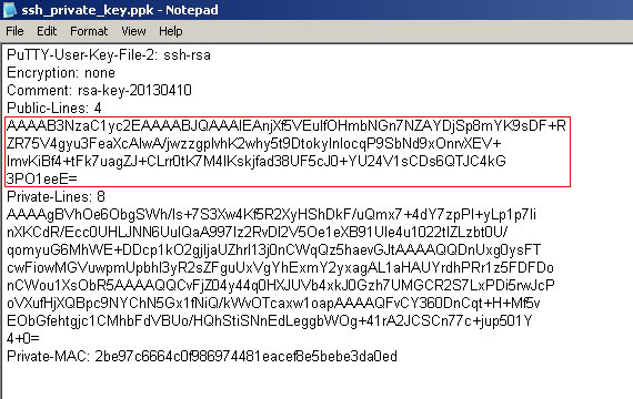 Copy the content under the Public-Lines section in the file called ssh_private_key.ppk on the local computer.